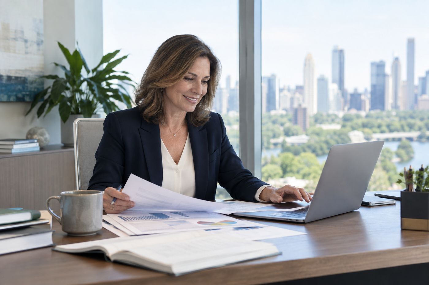 An accounting firm advisor reviewing numbers with a client at a desk.