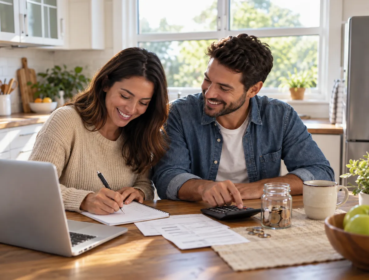 A couple going over receipts and tax paperwork together at their kitchen table