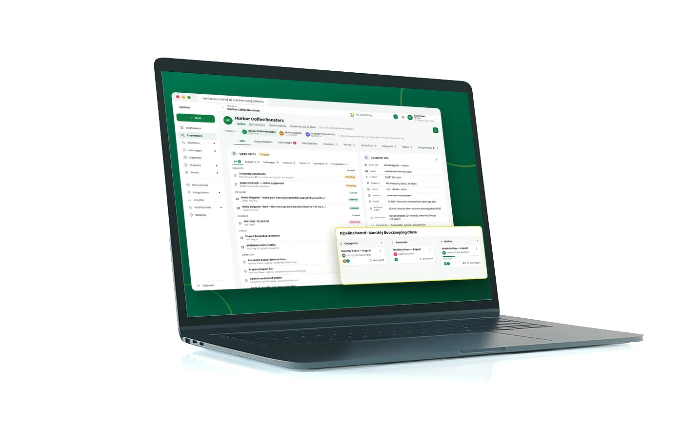 A laptop showing the Zentavos CRM customer record with a pipeline board of monthly bookkeeping projects