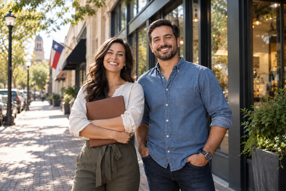 Two business owners smiling in front of their new storefront