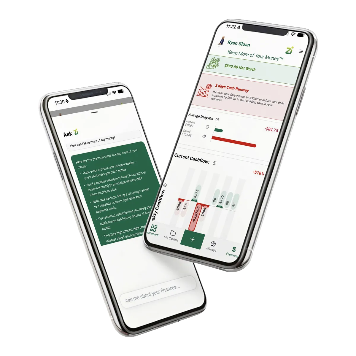 The Zentavos app on two phones: Ask Zi answering “How can I keep more of my money?” and the cash-flow dashboard